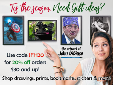 Purchase Original Art Prints, Drawings, Buttons, Stickers, Bookmarks and more from JFH's own John DiBiase! Save for the holidays with code JFH20 at checkout!