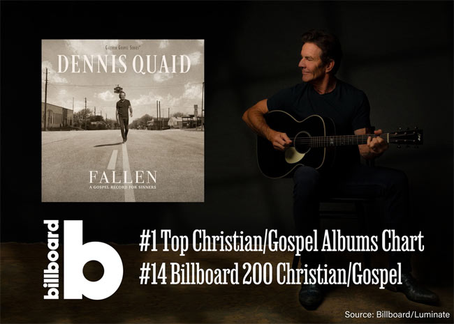 Dennis Quaid's 'Fallen: A Gospel Record for Sinners' Debuts at No. 1 on Top Christian/Gospel Albums Chart